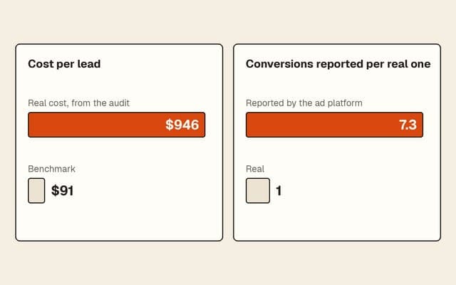 Bar chart: a real cost per lead of $946 against a $91 benchmark