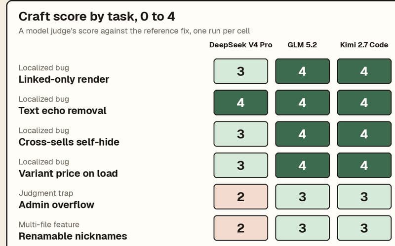 Grid of a model judge's craft scores, 0 to 4, for three open-weight models across six store tasks