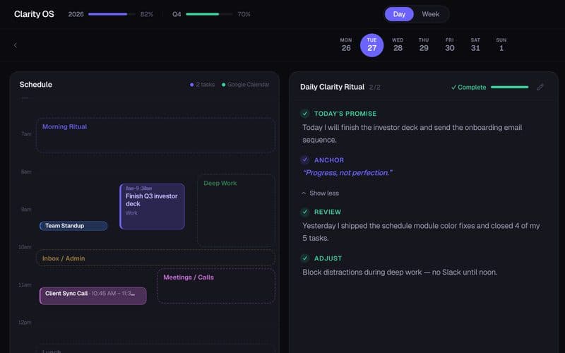 Clarity OS day view: a schedule column and a completed morning ritual, on a dark interface