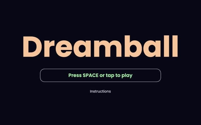 The Dreamball title screen: the wordmark in peach over a dark circle, with a play button below it