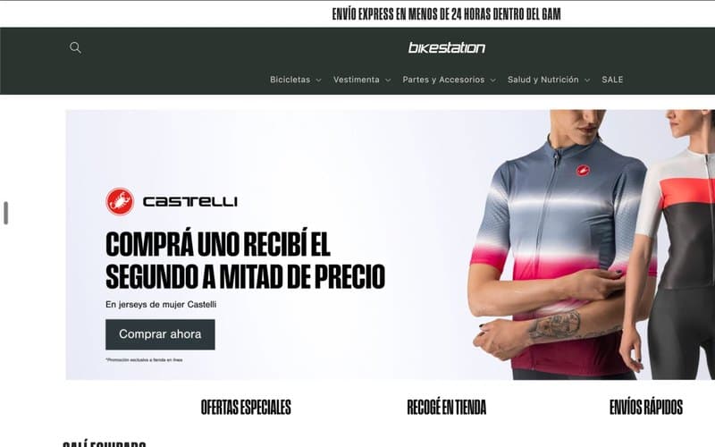 The BikeStation online store's home page in March 2024, with a Castelli jersey banner