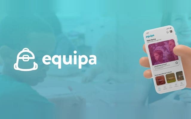 The Equipa logo beside a phone held in a hand, on a teal background