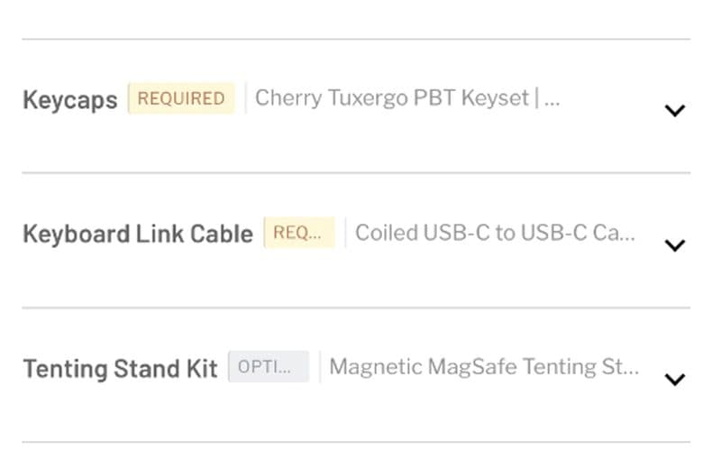 Configurator options for a keyboard, each tagged required or optional