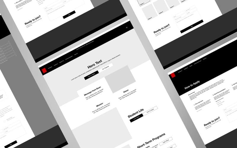 Grayscale wireframes of a university website, laid out at an angle